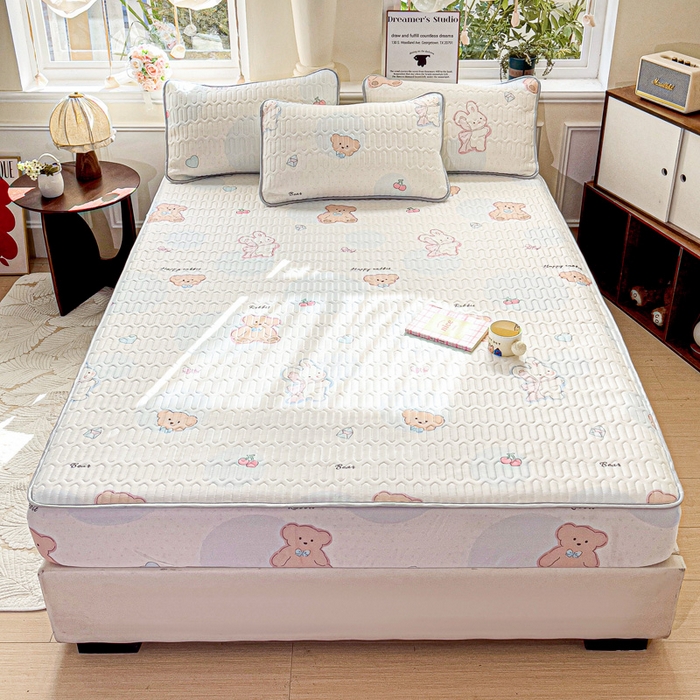 91家纺网 家纺一手货源 找家纺 富馨莱 2025新款A类凉感丝空气纤维凉席床笠款 蝴蝶结小兔