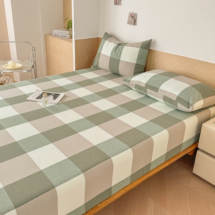 91家纺网 家纺一手货源 找家纺 晓时候 2025新款100%全棉色织水洗棉床笠全棉床笠纯棉床笠 绿中格