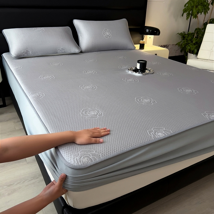 91家纺网 家纺一手货源 找家纺 欧邦 2025新款A类3D提花冰豆豆床笠款凉席 床笠款-高级灰