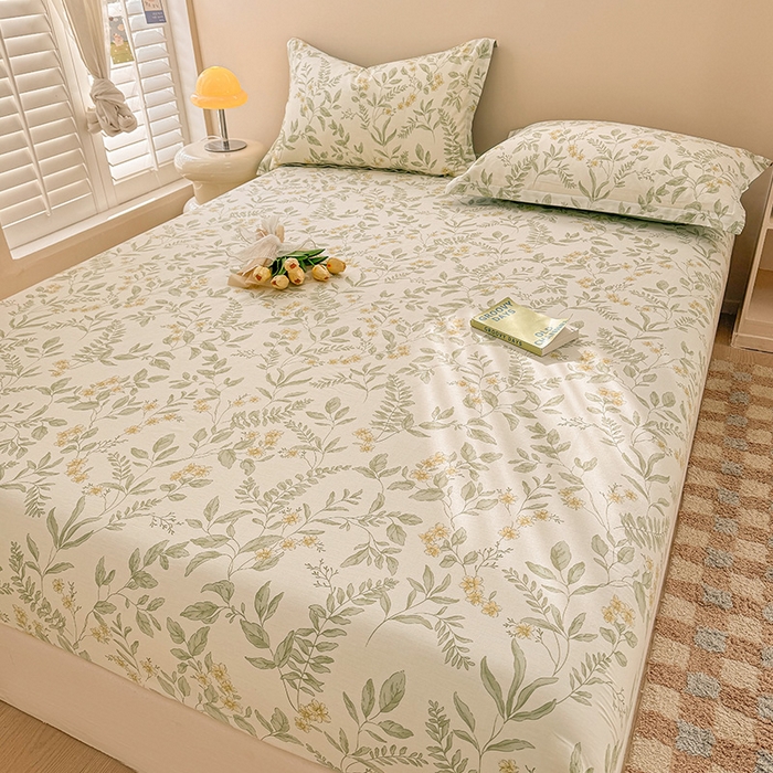 91家纺网 家纺一手货源 找家纺 2025新款12868全棉套件单品系列二单床笠 叶伴花开