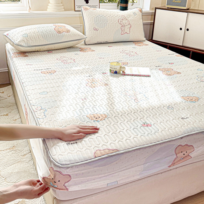 91家纺网 家纺一手货源 找家纺 富馨莱 2025新款A类凉感丝空气纤维凉席床笠款 蝴蝶结小兔