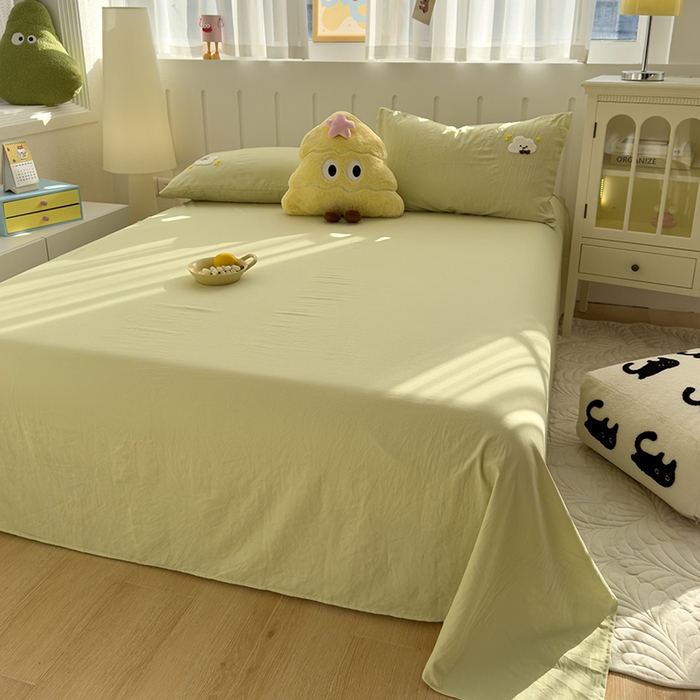 91家纺网 家纺一手货源 找家纺 曼谷家纺 2025新款软糯毛巾绣水洗棉床单床笠枕套纯色床单床笠枕套单品 小白云-豆绿