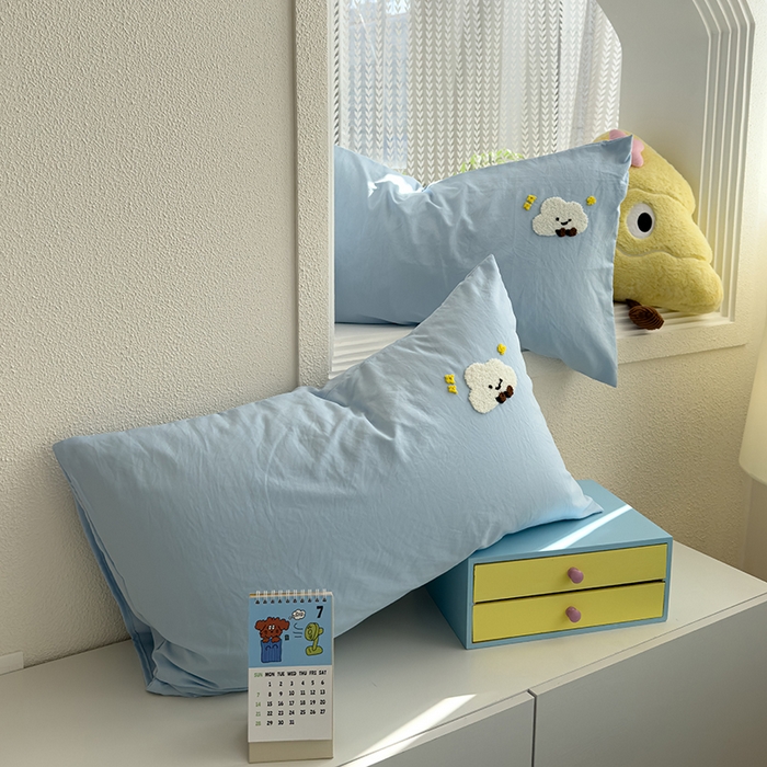 91家纺网 家纺一手货源 找家纺 曼谷家纺 2025新款软糯毛巾绣水洗棉床单床笠枕套纯色床单床笠枕套单品 小白云-天蓝