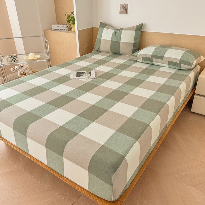 91家纺网 家纺一手货源 找家纺 晓时候 2025新款100%全棉色织水洗棉床笠全棉床笠纯棉床笠 绿中格