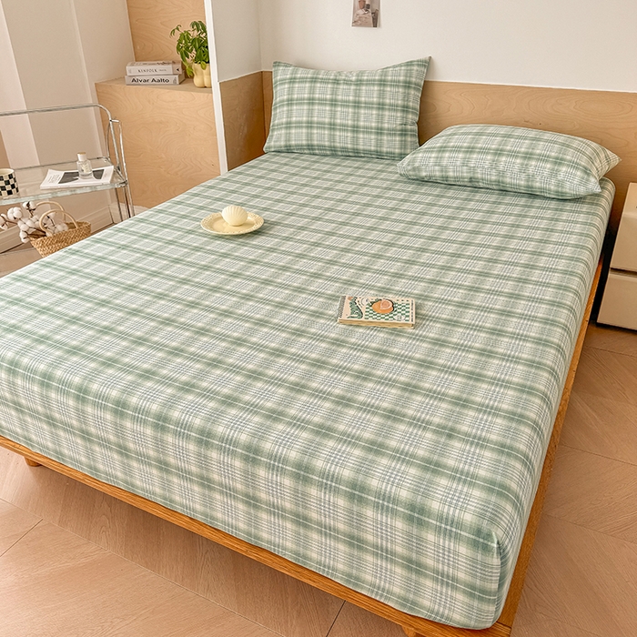 91家纺网 家纺一手货源 找家纺 晓时候 2025新款100%全棉色织水洗棉床笠全棉床笠纯棉床笠 光年绿