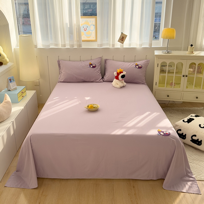 91家纺网 家纺一手货源 找家纺 曼谷家纺 2025新款软糯毛巾绣水洗棉床单床笠枕套纯色床单床笠枕套单品 茄子-紫色