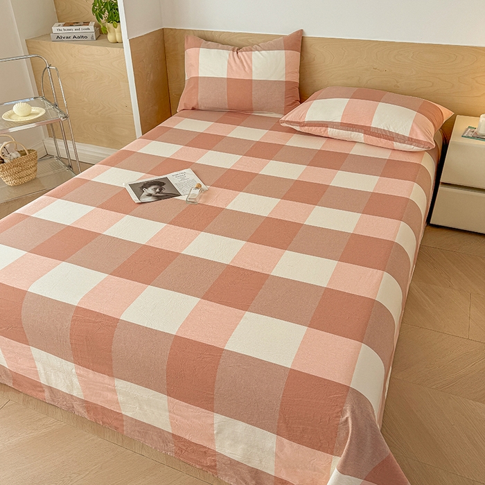 91家纺网 家纺一手货源 找家纺 晓时候 2025新款100%全棉色织水洗棉床单全棉床单纯棉床单 粉大格