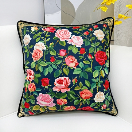爱家居 2025新款抱枕沙发新中式靠垫轻奢高级感靠枕床头大靠背正方形抱枕套卡通花卉 玫瑰庄园
