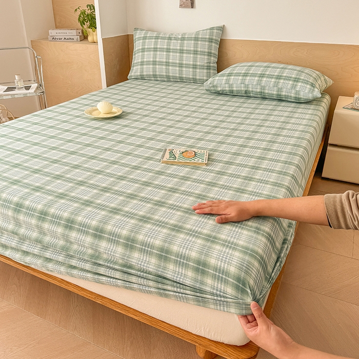 91家纺网 家纺一手货源 找家纺 晓时候 2025新款100%全棉色织水洗棉床笠全棉床笠纯棉床笠 光年绿