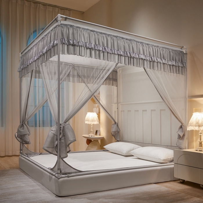 91家纺网 家纺一手货源 找家纺 梦尔佳蚊帐 2025新款双层花边床笠式三开门蚊帐-858怜香惜玉系列 高级灰