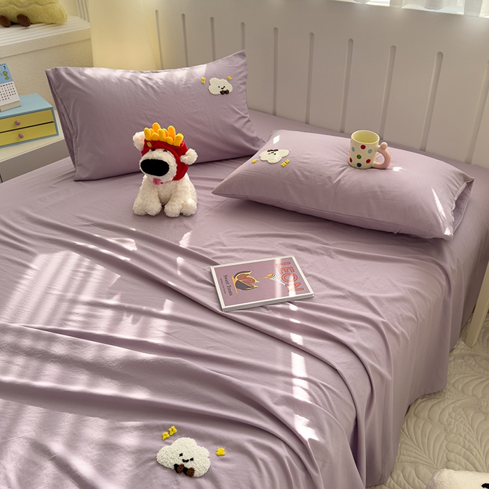 91家纺网 家纺一手货源 找家纺 曼谷家纺 2025新款软糯毛巾绣水洗棉床单床笠枕套纯色床单床笠枕套单品 小白云-紫色