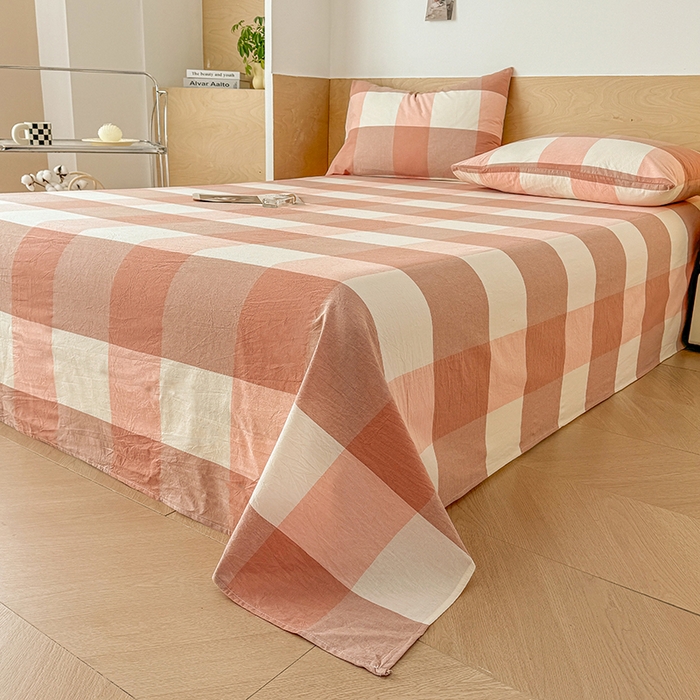 91家纺网 家纺一手货源 找家纺 晓时候 2025新款100%全棉色织水洗棉床单全棉床单纯棉床单 粉大格