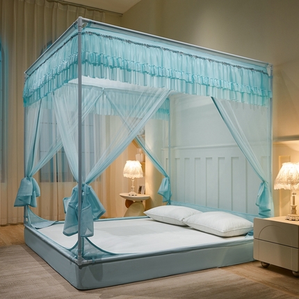 梦尔佳蚊帐 2025新款双层花边床笠式三开门蚊帐-858怜香惜玉系列 清爽蓝