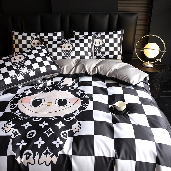 91家纺网 家纺一手货源 找家纺 2025新款水洗真丝数码印花四件套 棋盘兔