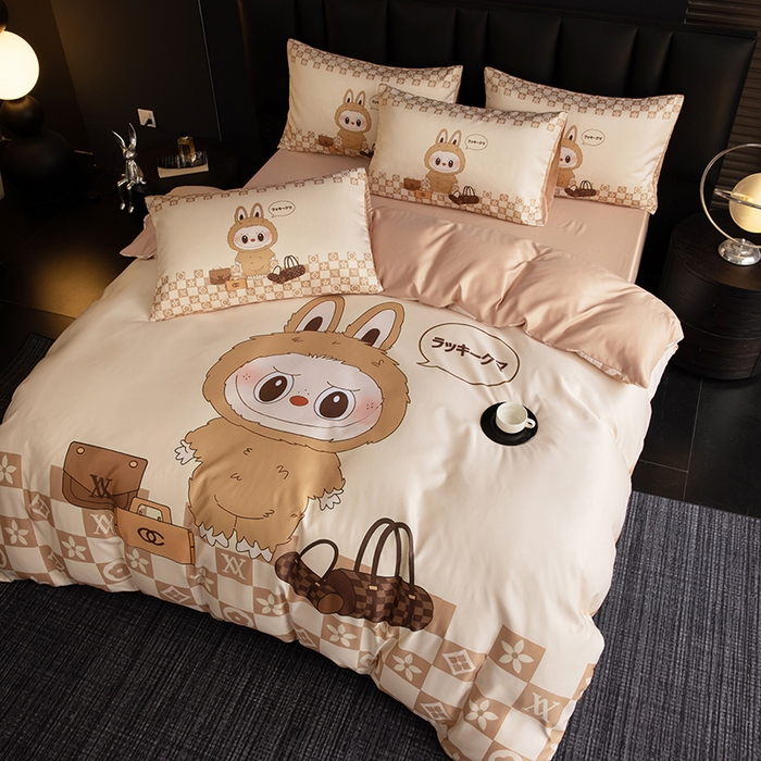 91家纺网 家纺一手货源 找家纺 2025新款水洗真丝数码印花四件套 卡夫兔