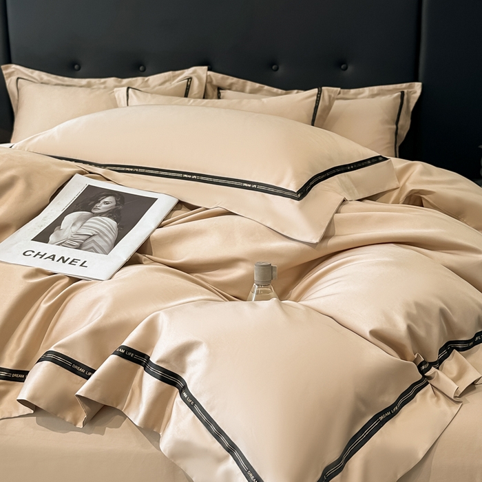 91家纺网 家纺一手货源 找家纺 魅都 2025新款100支长绒棉简约织带轻奢风四件套-罗伊 香槟金