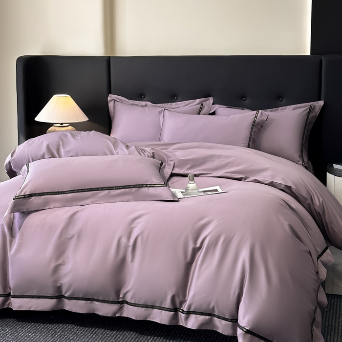 91家纺网 家纺一手货源 找家纺 魅都 2025新款100支长绒棉简约织带轻奢风四件套-罗伊 香芋紫