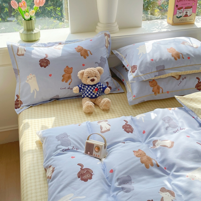 91家纺网 家纺一手货源 找家纺 铭博家纺 新款直播爆款网红全棉四件套13070印花吊边一字绣纯棉被套工艺款 喵星庆典