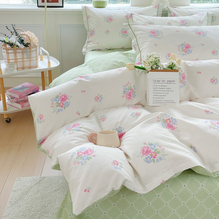 91家纺网 家纺一手货源 找家纺 铭博家纺 新款直播爆款网红全棉四件套13070印花吊边一字绣纯棉被套工艺款 桃桃苏打