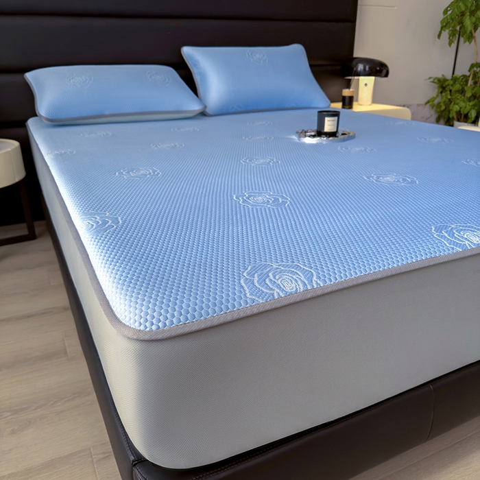 91家纺网 家纺一手货源 找家纺 欧邦 2025新款A类3D提花冰豆豆床笠款凉席 床笠款-清雅蓝