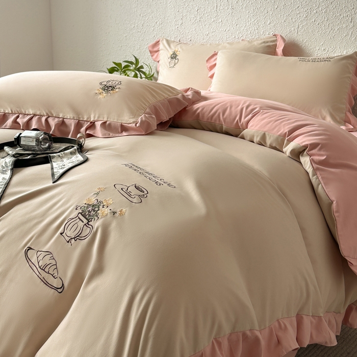 91家纺网 家纺一手货源 找家纺 汣沐生活 2025新款亲肤绣花花边四件套 香槟-优雅粉-田园生活