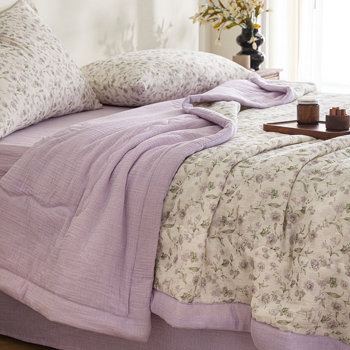 91家纺网 家纺一手货源 找家纺 吾诺 2025新建全棉印花泡泡双层纱大豆夏被子被芯全棉夏被四件套夏凉被空调被 浅紫花语