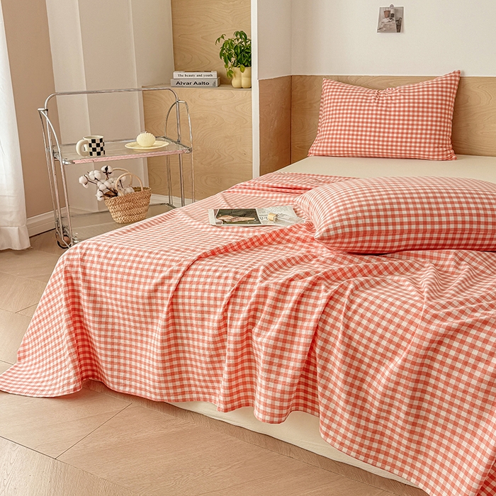 91家纺网 家纺一手货源 找家纺 晓时候 2025新款100%全棉色织水洗棉床单全棉床单纯棉床单 粉小格