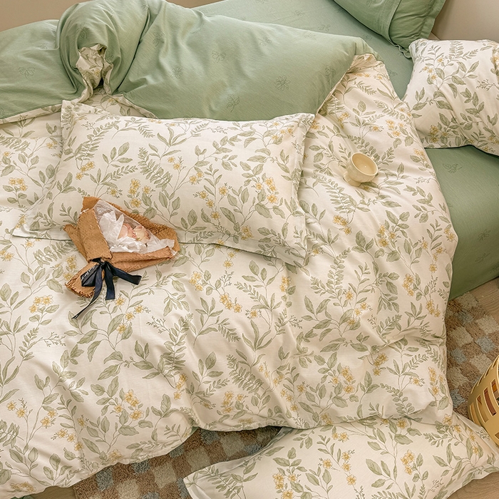 91家纺网 家纺一手货源 找家纺 绵庭家纺 2025新款12868全棉套件单品系列二四件套 叶伴花开