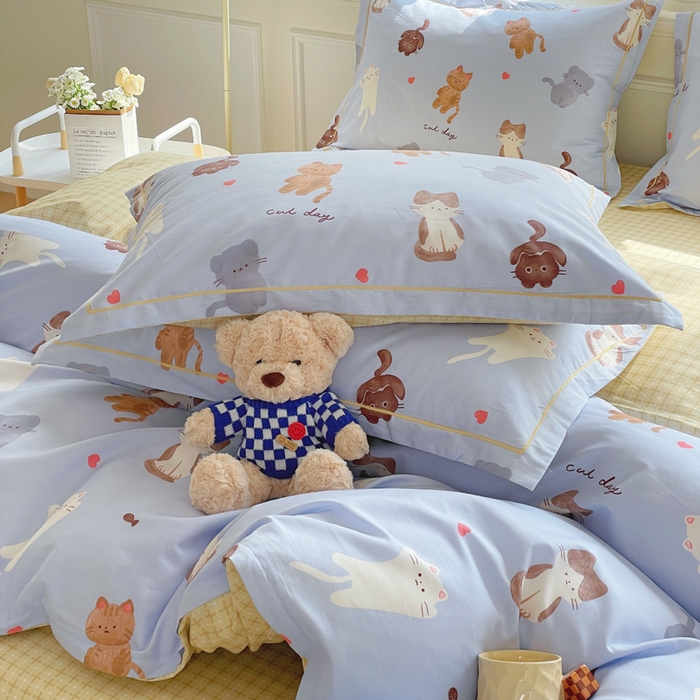 91家纺网 家纺一手货源 找家纺 铭博家纺 新款直播爆款网红全棉四件套13070印花吊边一字绣纯棉被套工艺款 喵星庆典