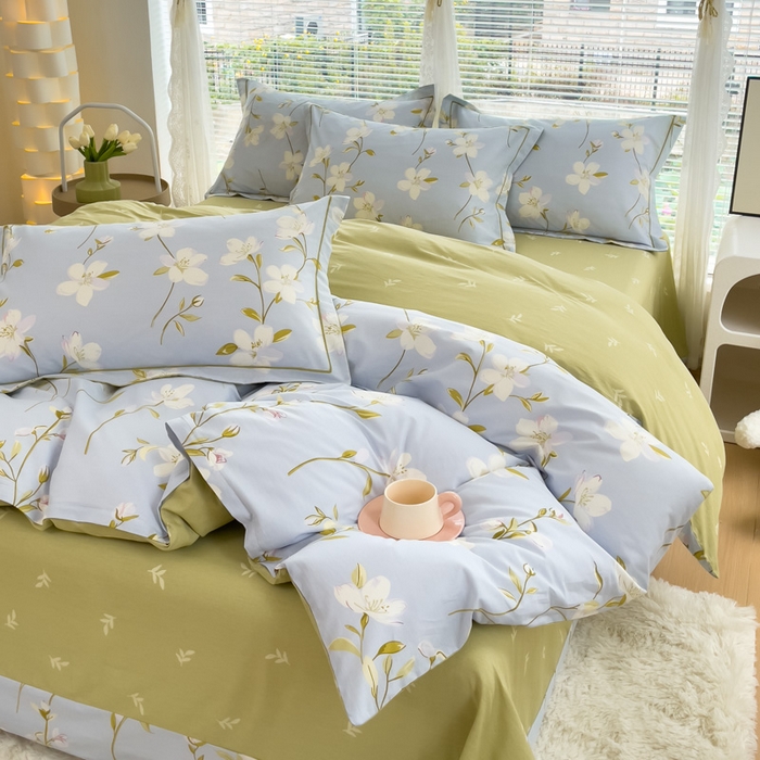 91家纺网 家纺一手货源 找家纺 铭博家纺 新款直播爆款网红全棉四件套13070印花吊边一字绣纯棉被套工艺款 元气晶冻