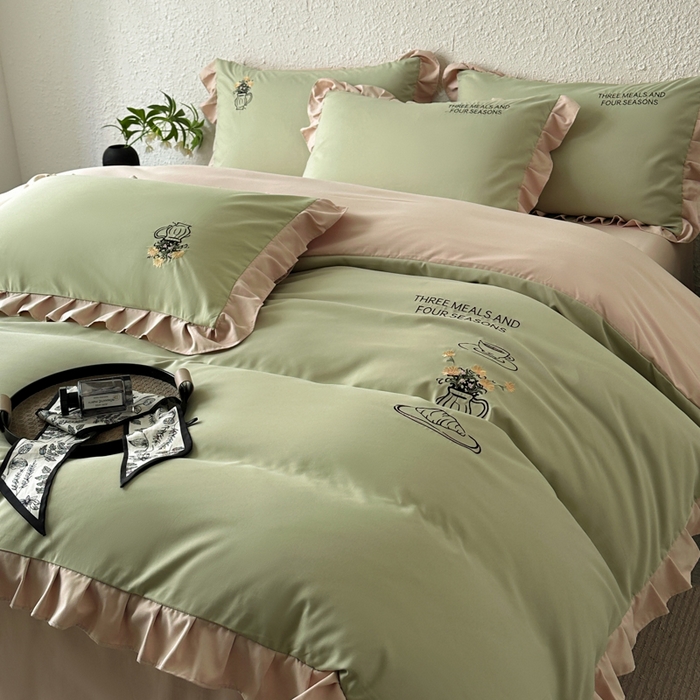 91家纺网 家纺一手货源 找家纺 汣沐生活 2025新款亲肤绣花花边四件套 橄榄緑-香槟-田园生活
