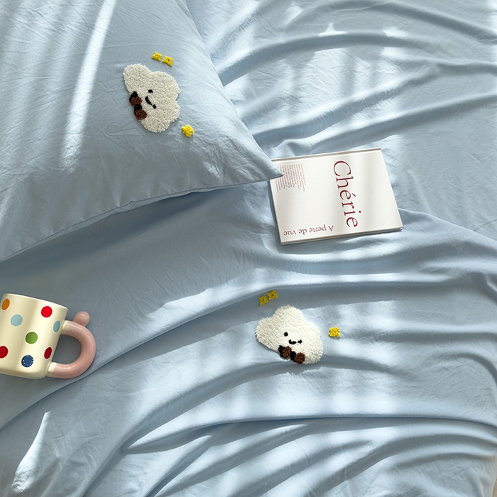 91家纺网 家纺一手货源 找家纺 曼谷家纺 2025新款软糯毛巾绣水洗棉床单床笠枕套纯色床单床笠枕套单品 小白云-天蓝