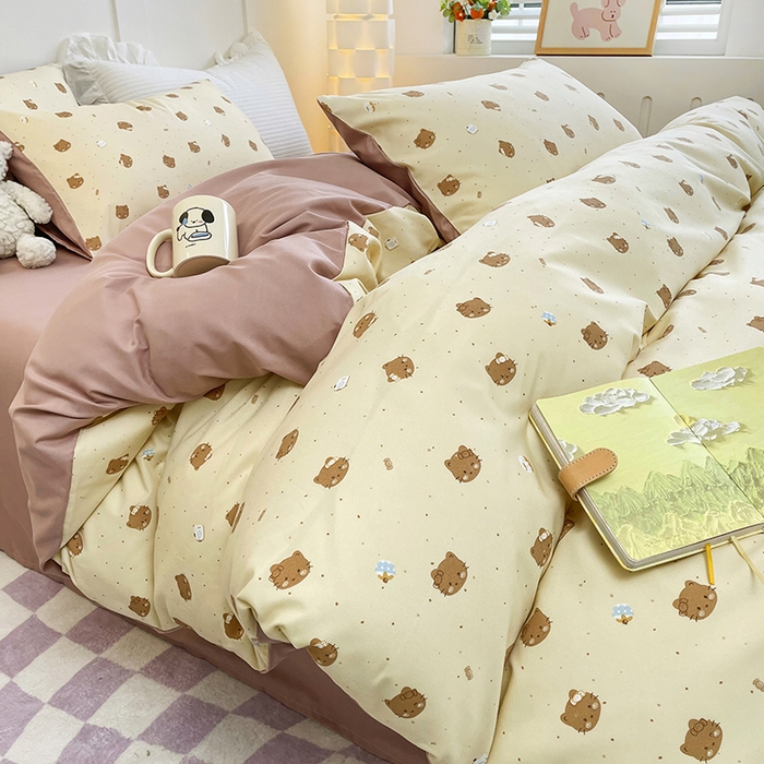 91家纺网 家纺一手货源 找家纺 汣沐生活 2025新款针织棉印花款四件套 曲奇小猫