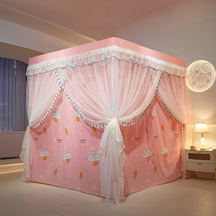 91家纺网 家纺一手货源 找家纺 锦逸家居 2025新款四季款三开门落地床幔蚊帐 幻城-粉红兔