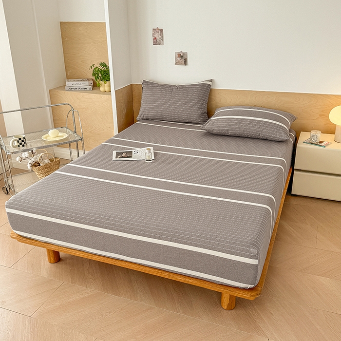 91家纺网 家纺一手货源 找家纺 晓时候 2025新款100%全棉色织水洗棉床笠全棉床笠纯棉床笠 灰细条