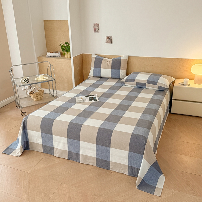 91家纺网 家纺一手货源 找家纺 晓时候 2025新款100%全棉色织水洗棉床单全棉床单纯棉床单 蓝大格