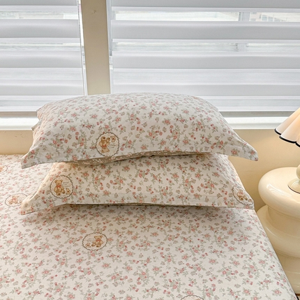 绵庭家纺 2025新款12868全棉套件单品系列二单枕套 清茶小熊-米