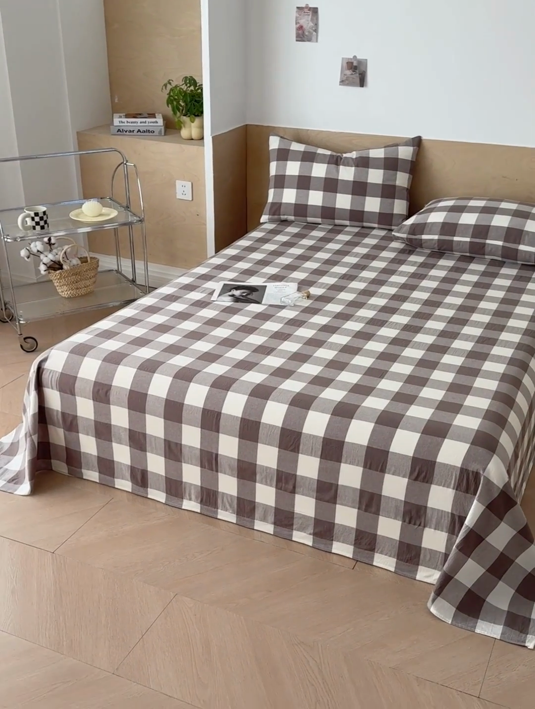 91家纺网 家纺一手货源 找家纺 晓时候 2025新款100%全棉色织水洗棉床单全棉床单纯棉床单 灰中格