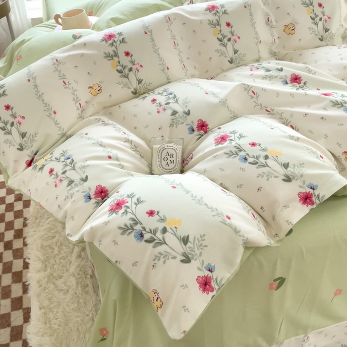 91家纺网 家纺一手货源 找家纺 铭博家纺 新款直播爆款网红全棉四件套13070印花吊边一字绣纯棉被套工艺款 淡雅花资