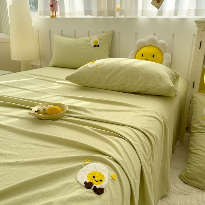 91家纺网 家纺一手货源 找家纺 曼谷家纺 2025新款软糯毛巾绣水洗棉床单床笠枕套纯色床单床笠枕套单品 荷包蛋-豆绿