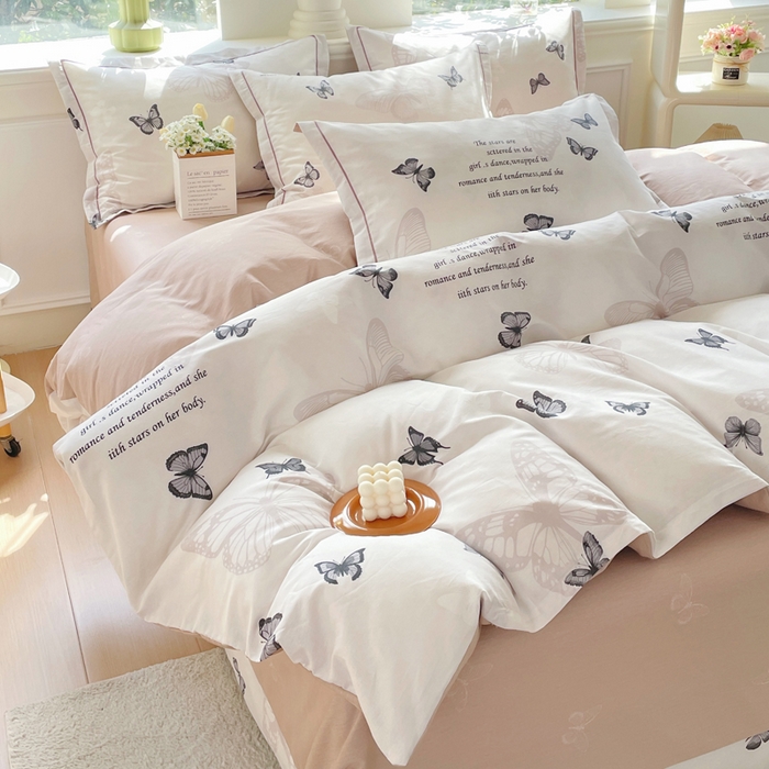 91家纺网 家纺一手货源 找家纺 铭博家纺 新款直播爆款网红全棉四件套13070印花吊边一字绣纯棉被套工艺款 蝶舞