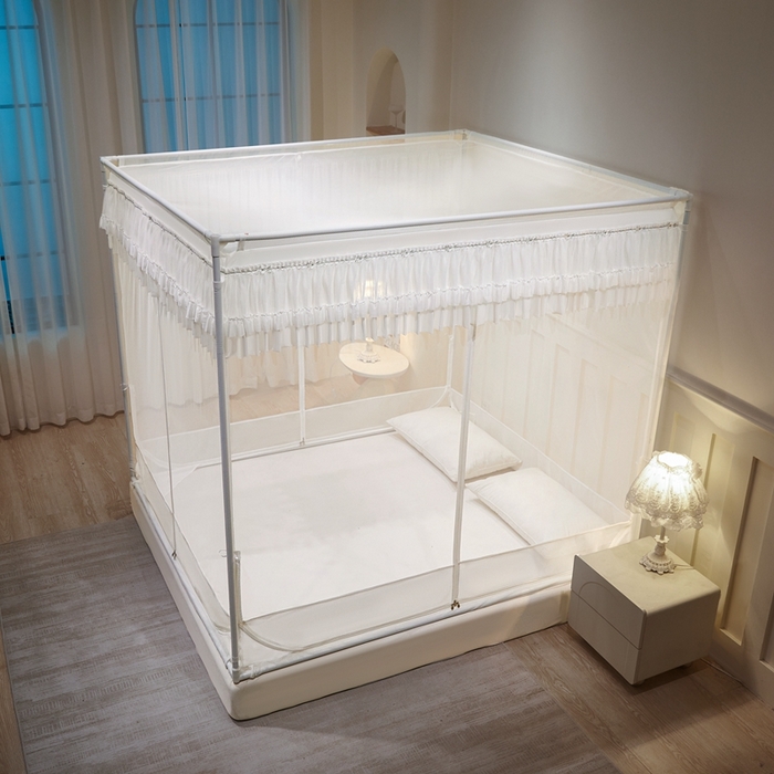 91家纺网 家纺一手货源 找家纺 梦尔佳蚊帐 2025新款双层花边床笠式三开门蚊帐-858怜香惜玉系列 富贵白