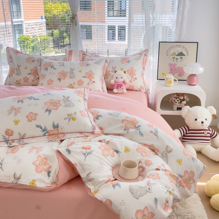 91家纺网 家纺一手货源 找家纺 铭博家纺 新款直播爆款网红全棉四件套13070印花吊边一字绣纯棉被套工艺款 兔语馨香