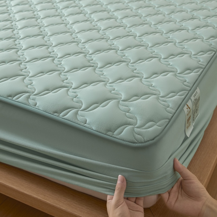 91家纺网 家纺一手货源 找家纺 雪云美2025新款全棉夹棉床笠13372斜纹A类纯棉床罩可定制尺寸-风车款 风车-平安绿