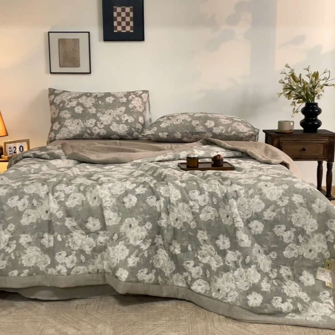 91家纺网 家纺一手货源 找家纺 吾诺 2025新建全棉印花泡泡双层纱大豆夏被子被芯全棉夏被四件套夏凉被空调被 莫奈