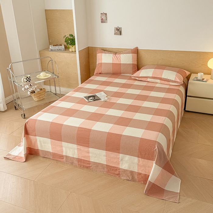 91家纺网 家纺一手货源 找家纺 晓时候 2025新款100%全棉色织水洗棉床单全棉床单纯棉床单 粉大格