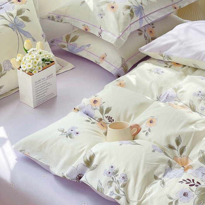 91家纺网 家纺一手货源 找家纺 铭博家纺 新款直播爆款网红全棉四件套13070印花吊边一字绣纯棉被套工艺款 夕颜