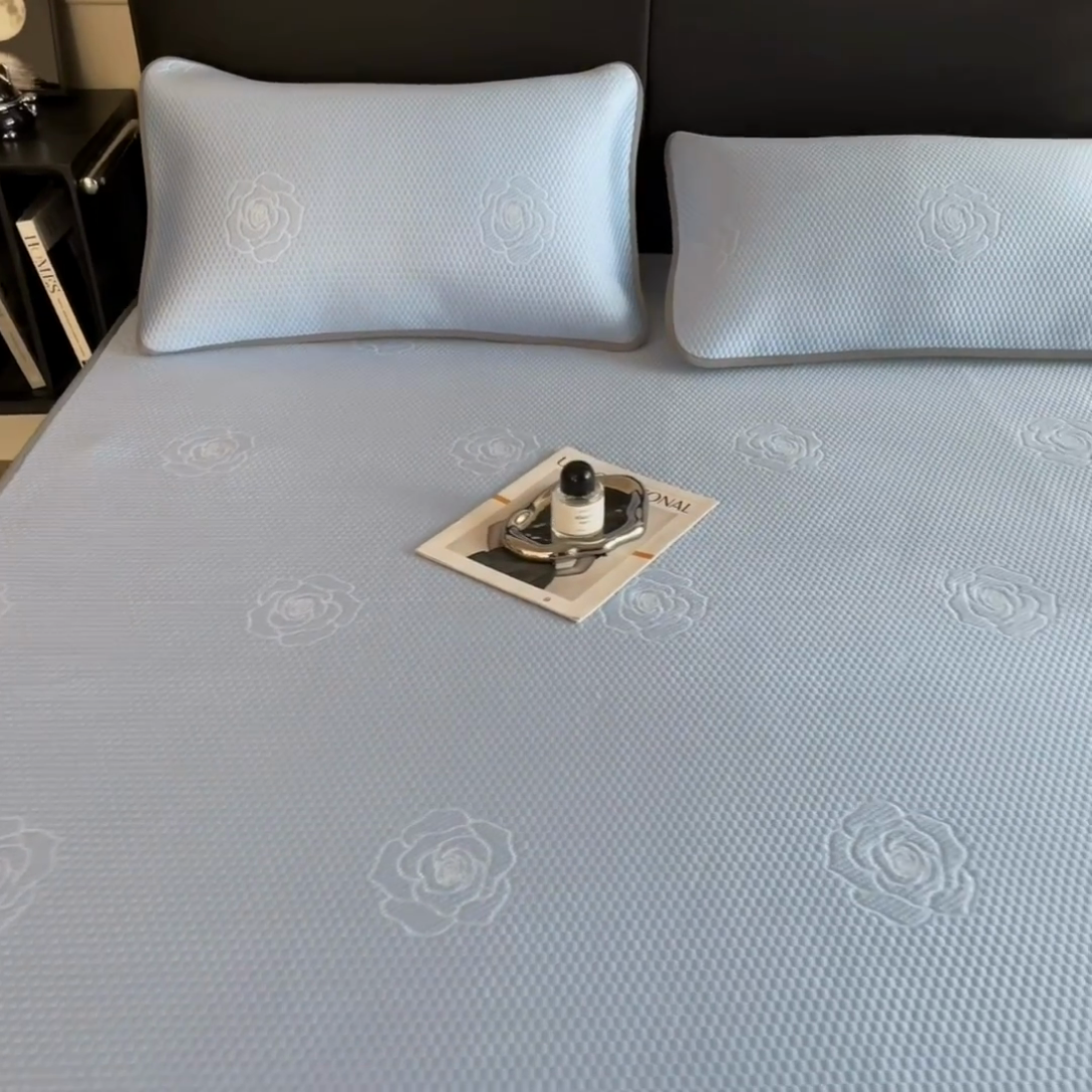 91家纺网 家纺一手货源 找家纺 欧邦 2025新款A类3D提花冰豆豆床笠款凉席 床笠款-清雅蓝