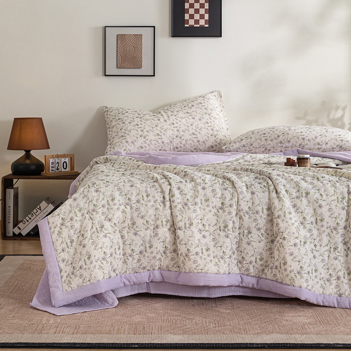 91家纺网 家纺一手货源 找家纺 吾诺 2025新建全棉印花泡泡双层纱大豆夏被子被芯全棉夏被四件套夏凉被空调被 浅紫花语