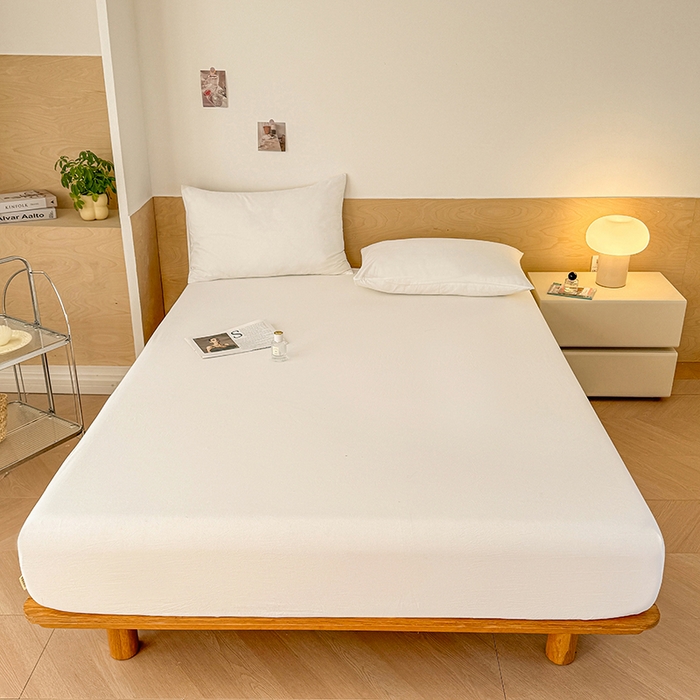 91家纺网 家纺一手货源 找家纺 晓时候 2025新款100%全棉色织水洗棉床笠全棉床笠纯棉床笠 本白